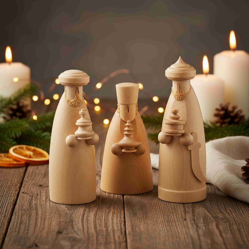 Seiffener Volkskunst Schalling Nativity Scene Wise Men set with three handcrafted wooden kings carrying traditional gifts, made in Seiffen, Germany.
