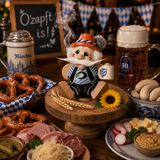Gingerbread World German Christmas Market - Seiffener Volkkunst Nutcracker Bavarian with Stein and Pretzel 11332 in oktoberfest setting