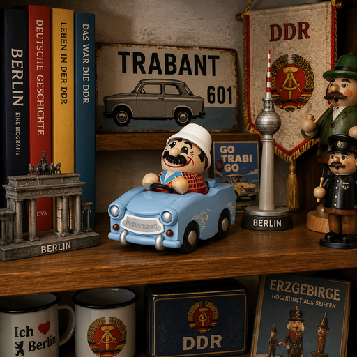 Seiffener Volkskunst limited edition Udo in Trabant German incense smoker displayed on a bookshelf with East German souvenirs including a Trabant sign, Berlin TV Tower, Brandenburg Gate model, DDR memorabilia and history books.