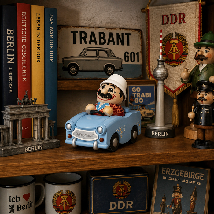 Seiffener Volkskunst limited edition Udo in Trabant German incense smoker displayed on a bookshelf with East German souvenirs including a Trabant sign, Berlin TV Tower, Brandenburg Gate model, DDR memorabilia and history books.