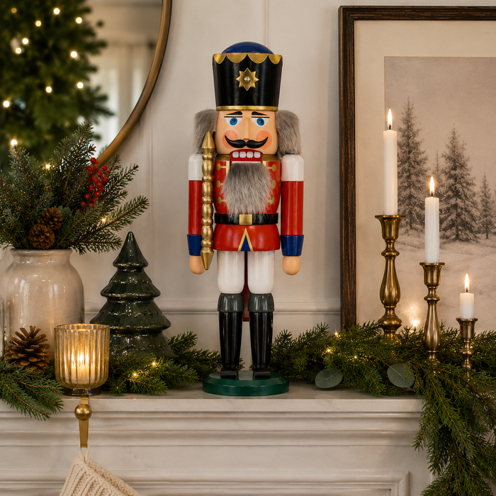Gingerbread World German Christmas Market - Seiffener Volkskunst Nutcracker King with Grey Beard 112019 - on mantle