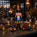 Seiffener Volkskunst Blue King German nutcracker with metallic finish displayed on a modern warehouse loft bar surrounded by colourful and metallic Christmas baubles, festive drinks and holiday décor.
