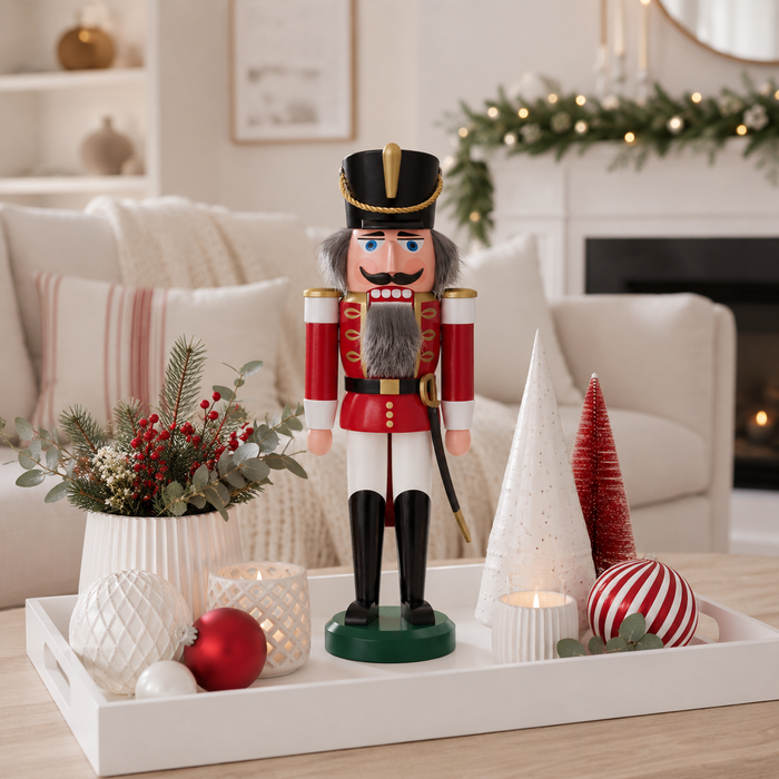 Gingerbread World German Christmas Market - Seiffener Volkskunst Nutcracker Red King 112021 - on coffee table tray