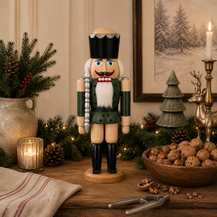 Gingerbread World German Christmas Market - Seiffener Volkskunst Nutcracker Soft Green King 112114 - on mantle