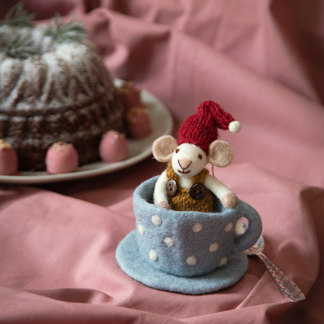 Gingerbread World Gry and Sif Denmark Felted Wool Ornament - Mouse in a Teacup 11325
