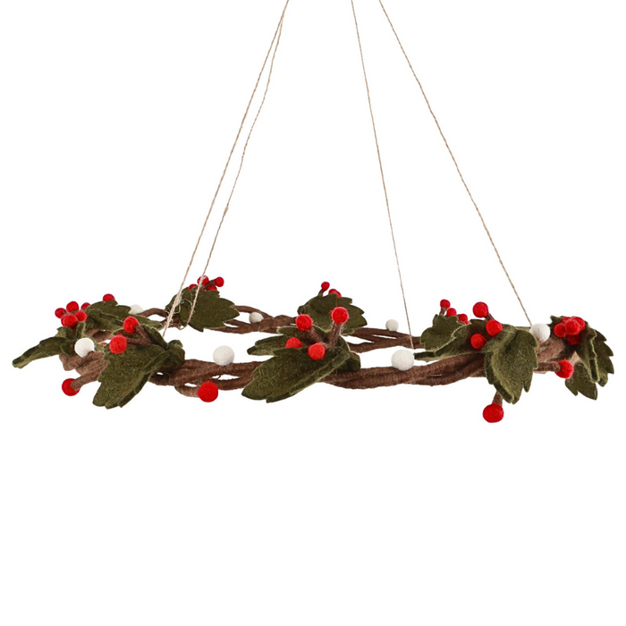 Gingerbread World Gry and Sif Denmark Felted Wool Ornament – Hanging Wreath Holly Branches and Berries 17725