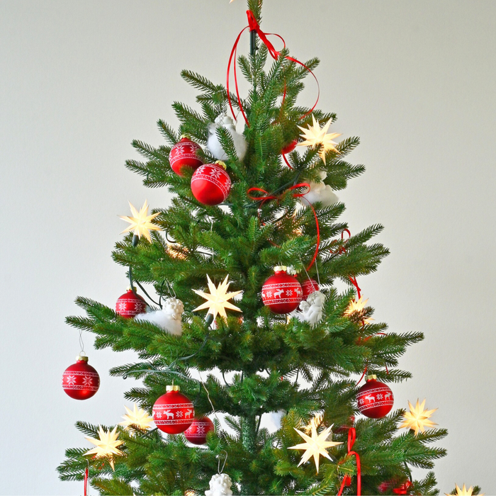 Gingerbread World Herrnhuter Stern Moravian Advent Star Chain - shown decorating a Christmas Tree sq