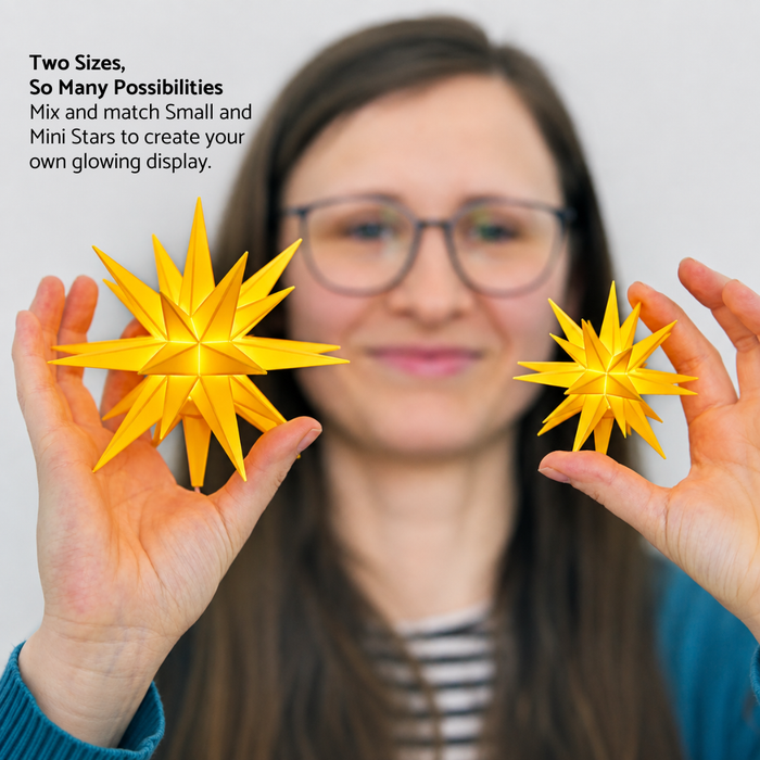 Gingerbread World Herrnhuter Sterne Canada - Herrnhuter Moravian Advent Yellow Stars - Size Comparison Small and Mini