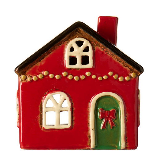 Gingerbread World IB Laursen Denmark – Ceramic Tealight House - Stillenat Cottage with Red Bow on Door 27695-33