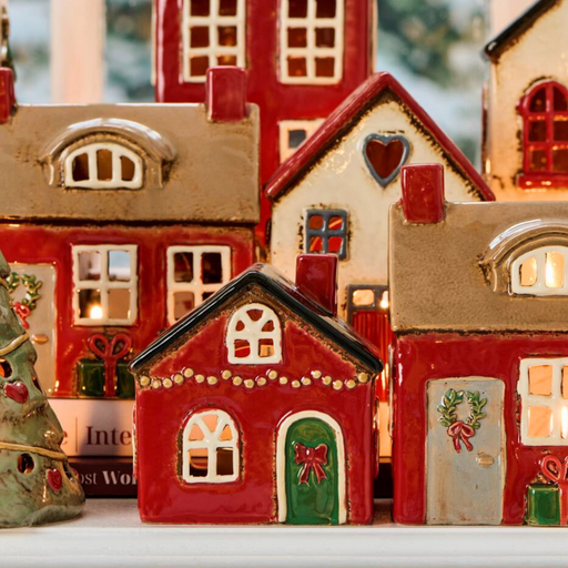 Gingerbread World IB Laursen Denmark – Ceramic Tealight House - Stillenat Cottage with Red Bow on Door 27695-33