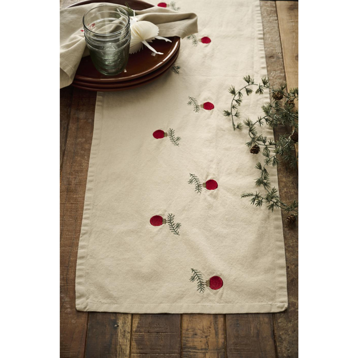 Gingerbread World IB Laursen Denmark – Linen Table Runner with Christmas ornament on spruce twig 6340-76