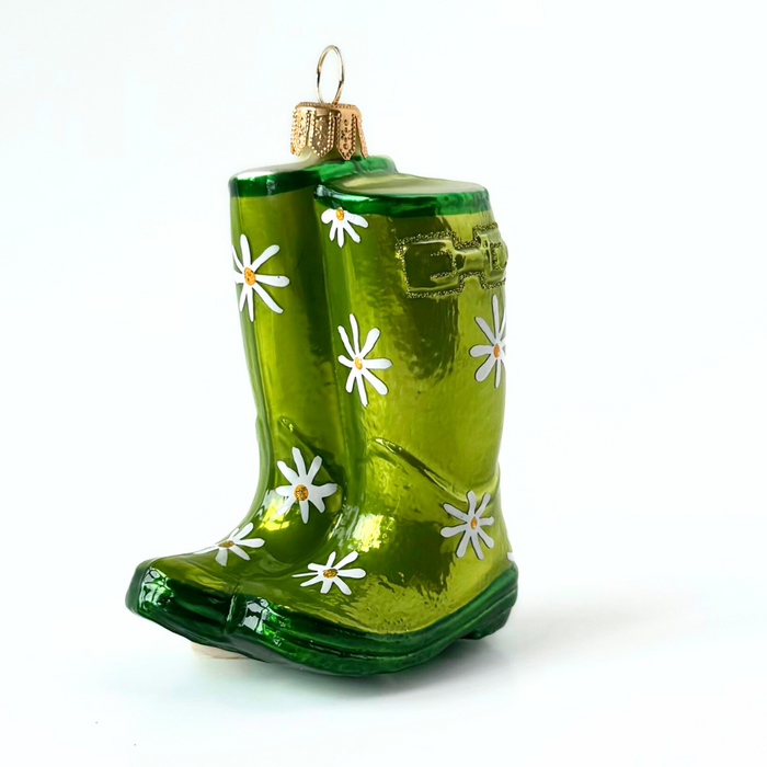 Gingerbread World Inge-Glas Blown Glass Ornaments - Garden rain boots green with daisies 208506