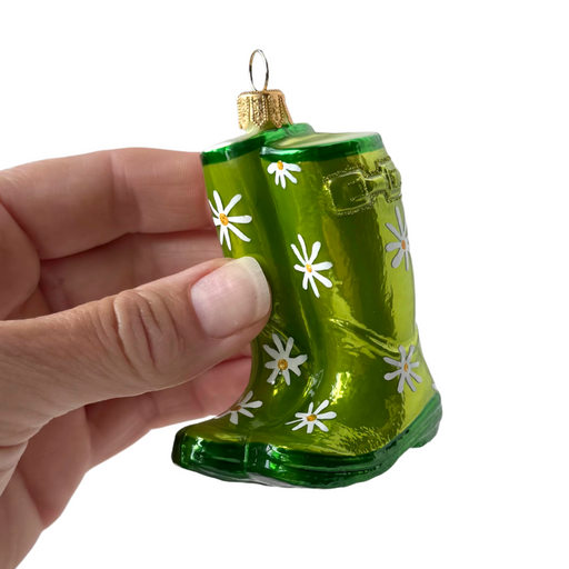 Gingerbread World Inge-Glas Blown Glass Ornaments - Garden rain boots green with daisies 208506