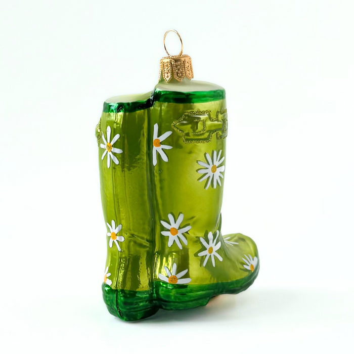 Gingerbread World Inge-Glas Blown Glass Ornaments - Garden rain boots green with daisies 208506