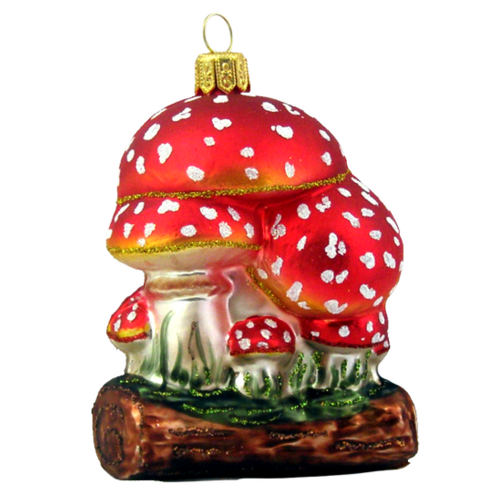 Gingerbread World Polish Blown Glass Ornament – Mushrooms on a Log 261003