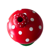 Handcrafted Richard Glässer German toadstool house incense smoker with a red mushroom roof, crooked chimney and ladybug, made in Seiffen, Germany.