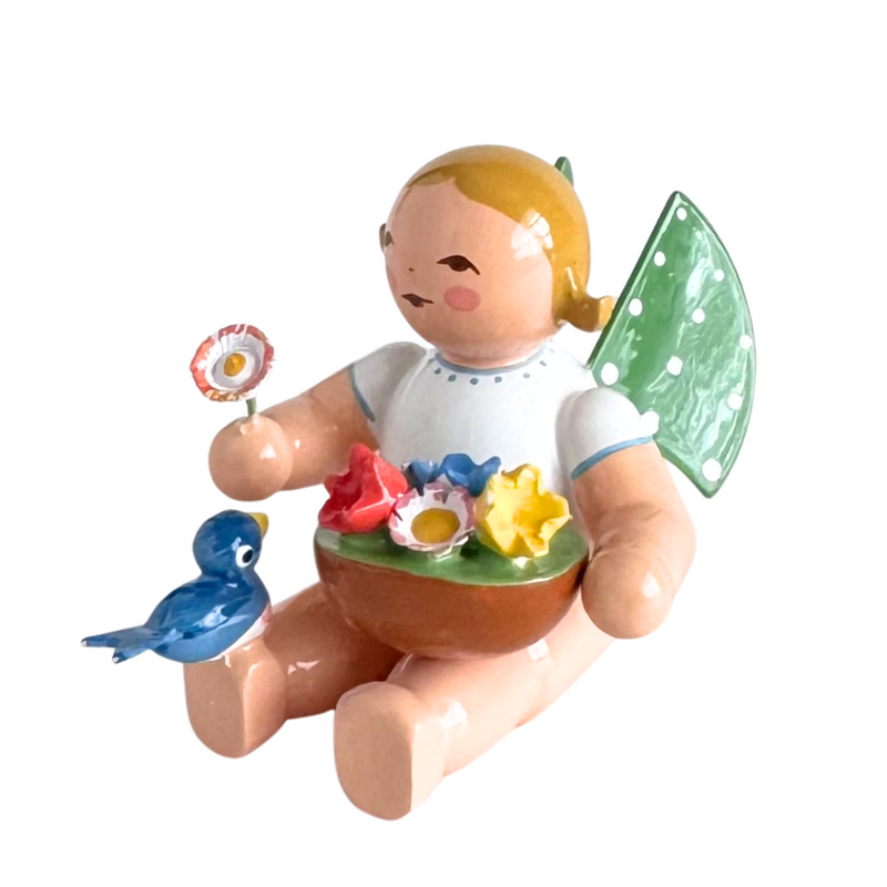 Gingerbread World Wendt und Kuehn - Angel with Basket of Flowers and Bird, Sitting, without Base 650-156a - blond