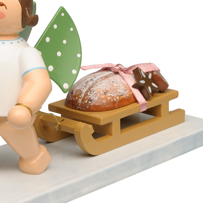 Gingerbread World Wendt und Kuehn - Angel with Christmas Stollen and Lebkuchen 650-173 Dark Hair - close up detail