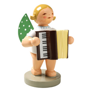 Wendt & Kühn Grünhainichen Angel with Accordion handcrafted wooden angel figurine with green wings and eleven white dots, made in Germany 650/48