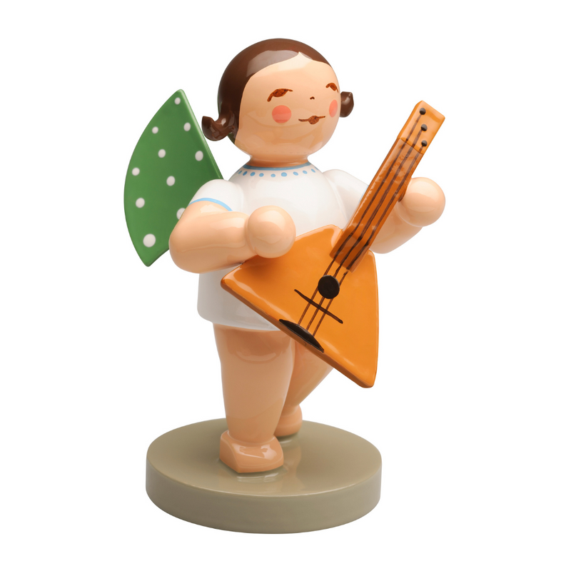 Wendt & Kühn Grünhainichen Angel with Balalaika handcrafted wooden angel figurine with green wings and eleven white dots, made in Germany 650/77