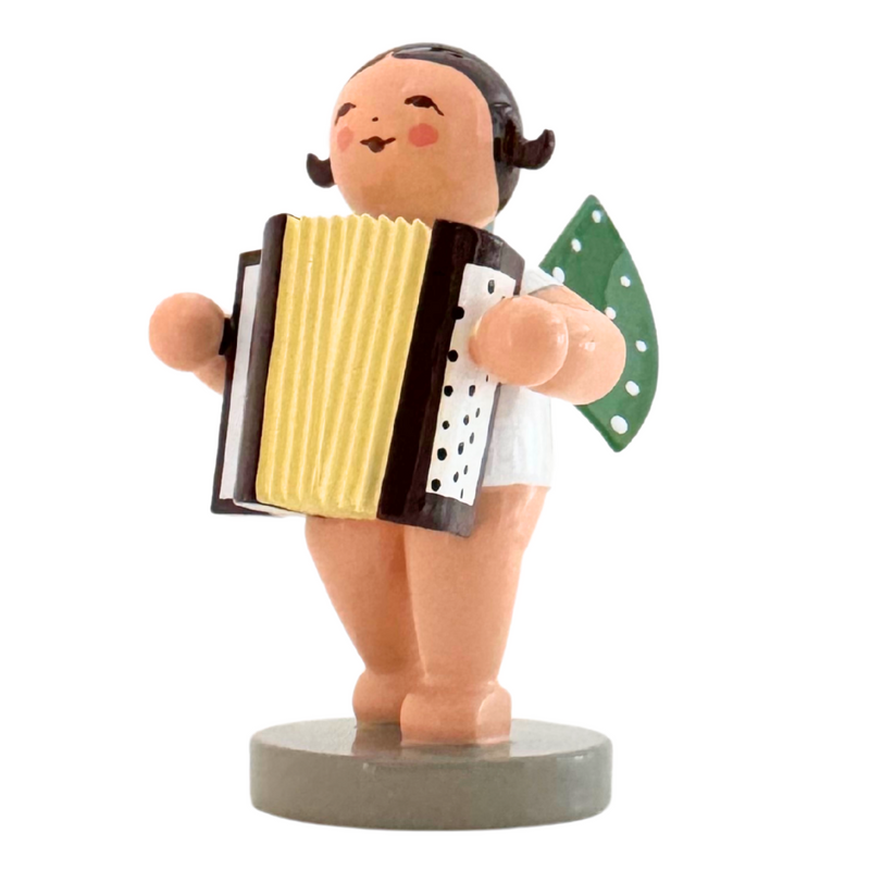 Wendt & Kühn Grünhainichen Angel with Accordion handcrafted wooden angel figurine with green wings and eleven white dots, made in Germany 650/48