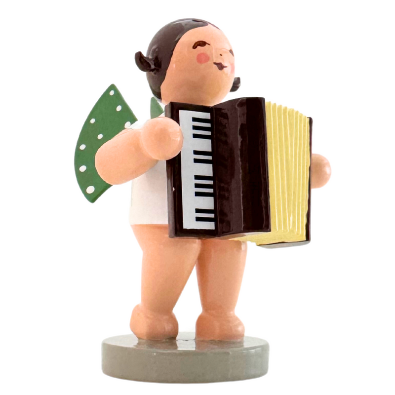 Wendt & Kühn Grünhainichen Angel with Accordion handcrafted wooden angel figurine with green wings and eleven white dots, made in Germany 650/48