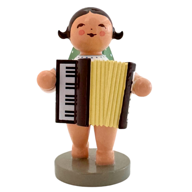 Wendt & Kühn Grünhainichen Angel with Accordion handcrafted wooden angel figurine with green wings and eleven white dots, made in Germany 650/48