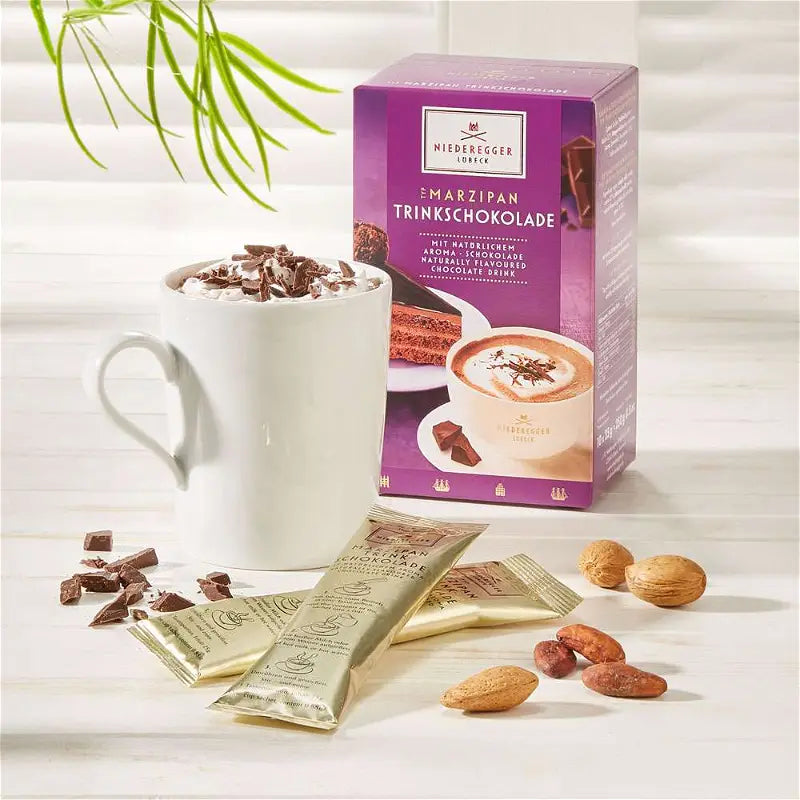 Niederegger Lübeck Marzipan Hot Chocolate with 10 individual sachets of German marzipan-flavoured drinking chocolate.