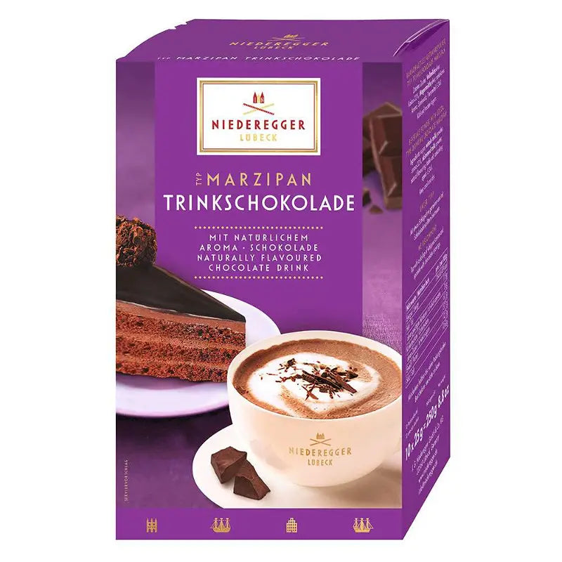 Niederegger Lübeck Marzipan Hot Chocolate with 10 individual sachets of German marzipan-flavoured drinking chocolate.