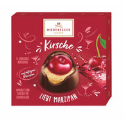 Niederegger Lübeck Marzipan Cherry Pralines gift box with six dark chocolate-covered cherry pralines made in Germany.