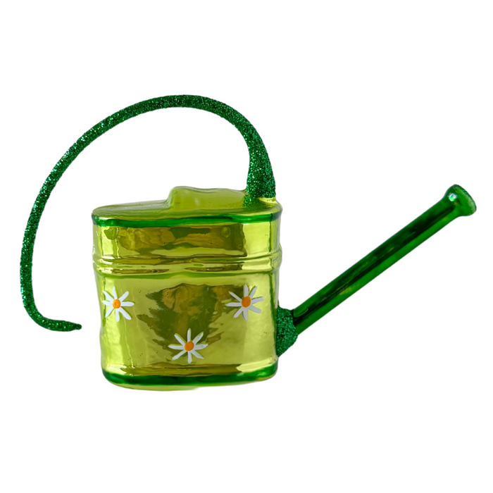 Polish Blown Glass Ornament – Green Watering Can with Flowers