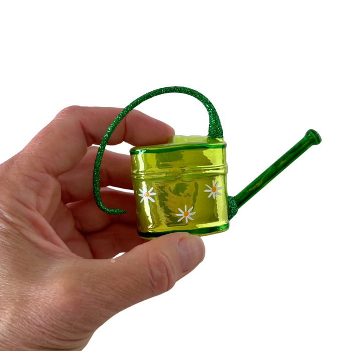 Polish Blown Glass Ornament – Green Watering Can with Flowers