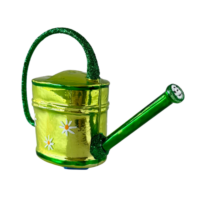 Polish Blown Glass Ornament – Green Watering Can with Flowers