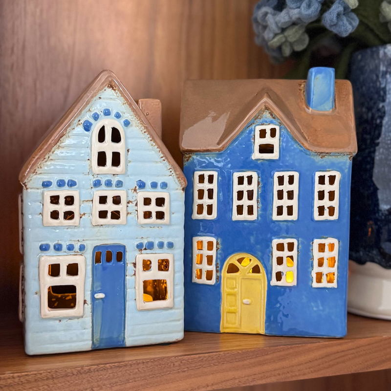 IB Laursen Ceramic Tealight House, Visby Brown Roof Cottage with Blue Door