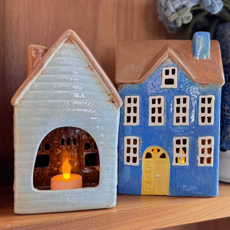 IB Laursen Ceramic Tealight House, Visby Brown Roof Cottage with Blue Door