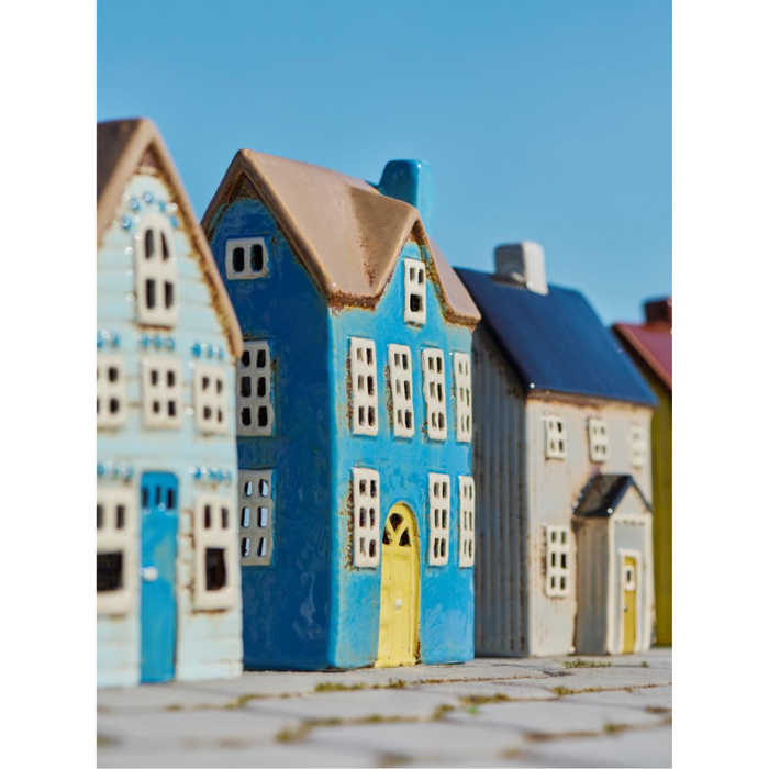 Gingerbread World IB Laursen Denmark – Ceramic Tealight House – Nyhavn Blue with Yellow Door - 27686-13