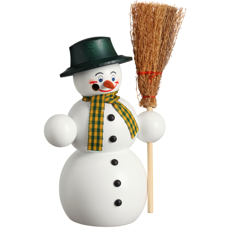 Handcrafted Seiffener Volkskunst Classic snowman incense smoker wearing a black top hat, checked scarf and holding a wooden broom, made in Seiffen, Germany.