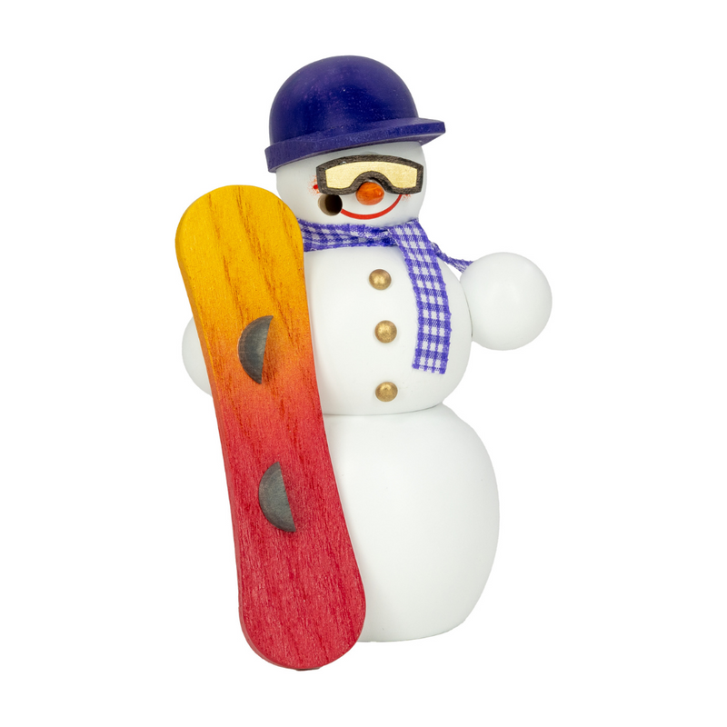 Handcrafted Seiffener Volkskunst Snowboarder snowman incense smoker wearing a purple helmet and scarf while holding a red snowboard, made in Seiffen, Germany.