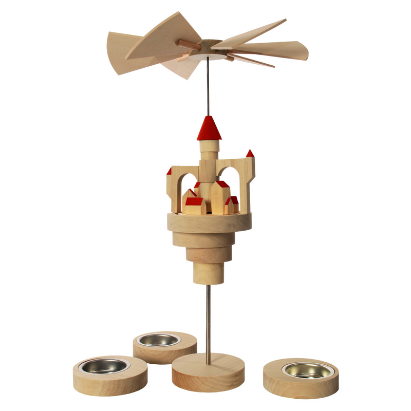 Seiffener Volkskunst Schalling Floating Castle Christmas Pyramid with red roofs, handcrafted in Seiffen, Germany and powered by tealight candles.