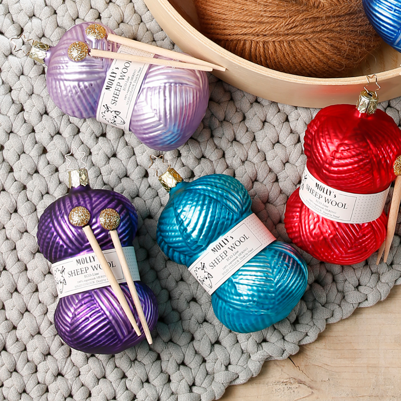 Gingerbread World Inge-Glas Canada - Mouthblown Glass from Germany - Knitting Ornament Skein of Purple Yarn with Knitting Needles