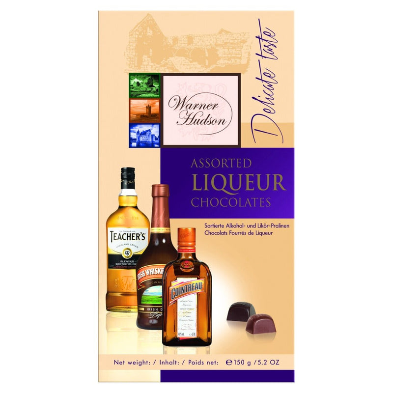 Warner Hudson assorted German liqueur chocolates with milk and dark chocolate filled with Cointreau, Irish Whiskey & Cream, and Scotch Whisky.