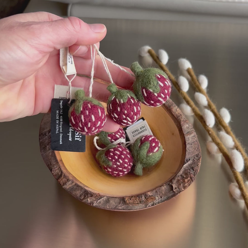 Gingerbread World European Easter Market - Felted wool Hanging Ornament - Strawberries shown in Waldfabrik Wooden Bowl