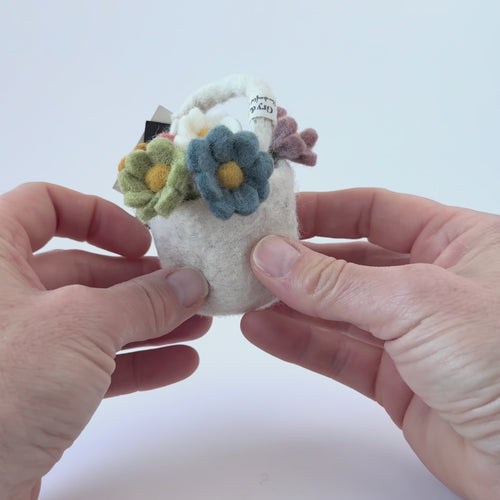 Gry & Sif felted wool miniature flower basket handmade from New Zealand wool with colourful spring flowers.