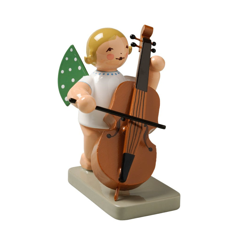 Wendt & Kühn Grünhainichen Angel with Double Bass handcrafted wooden angel figurine with green wings and eleven white dots, made in Germany 650/7
