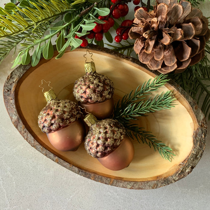 Waldfabrik wooden bowl size large shown with Inge-Glas Acorn ornaments 