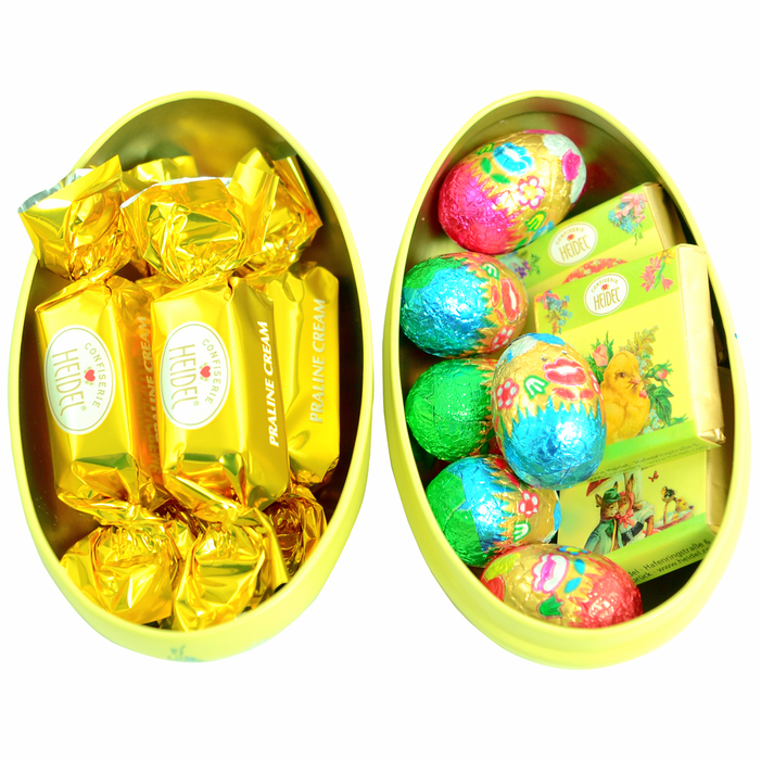 European Ware Haus Confiserie Heidel Canada - Nostalgia Easter Tin Egg filled with German Chocolates - open