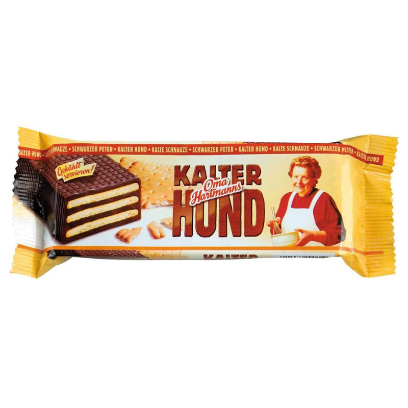 Oma Hartmann’s Kalter Hund German chocolate biscuit bar with layered biscuits and bittersweet dark chocolate.