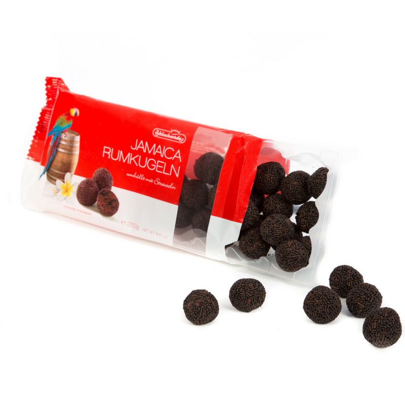 Schluckwerder Jamaican Rumkugeln (Rum Balls) made with real Jamaican rum, ground almonds and chocolate sprinkles.