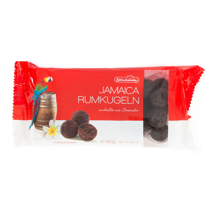Schluckwerder Jamaican Rumkugeln (Rum Balls) made with real Jamaican rum, ground almonds and chocolate sprinkles.