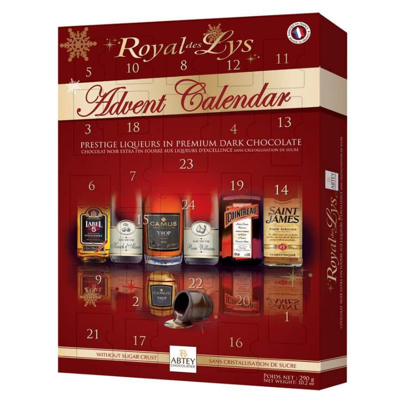 Abtey Royal Des Lys Liqueur Chocolate Advent Calendar from France with premium dark chocolates filled with classic liqueur flavours | Gingerbread World European Christmas